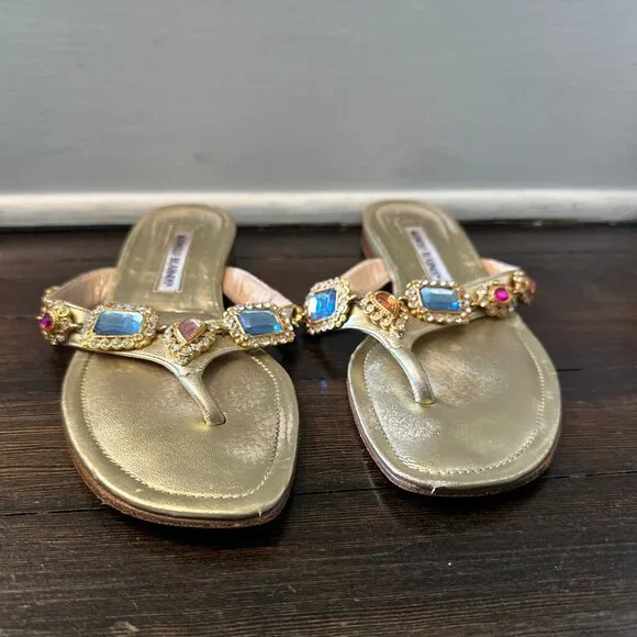 Manolo Blahnik Gold Leather Jeweled Flats - sz 38 (runs small - best for a 37) - Picture 5 of 10